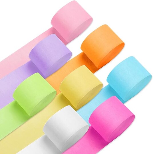 Greentek; 8 Rolls Pastel Crepe Paper Streamers (656 ft Total), 1.8" x 82 ft Party Streamers Set for Birthday, Wedding, Baby Shower & Holiday Decorations, DIY Craft & Backdrop Supplies; Category:Streamers & Garland; Image:1